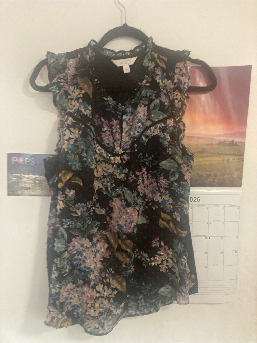 LC Lauren Conrad Black Floral Ruffle Cap-Sleeve Blouse